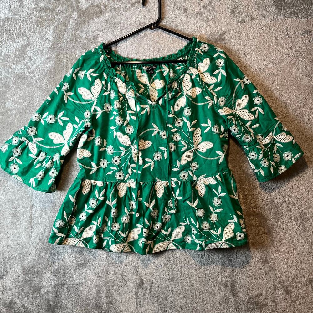 John Mark Bejeweled‎ Jade Green Embroidered Blouse Size Small Petite Cotton